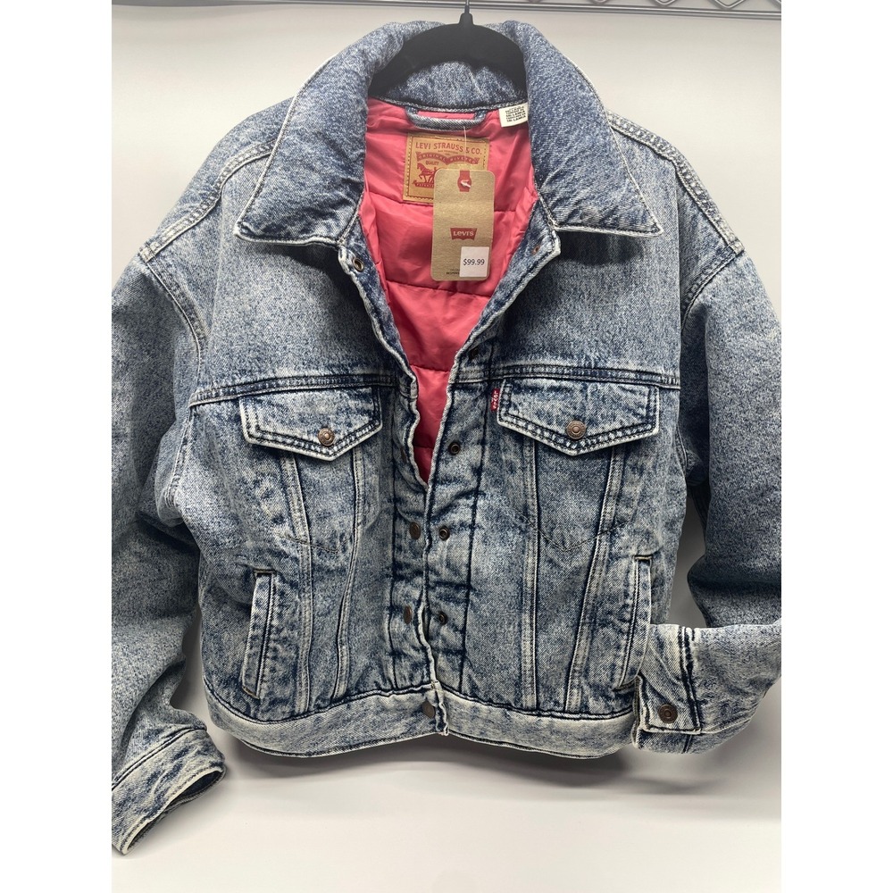 Levi's Denim Trucker‎ Jacket Women Size M Blue Pink Quilted Lining Excellent